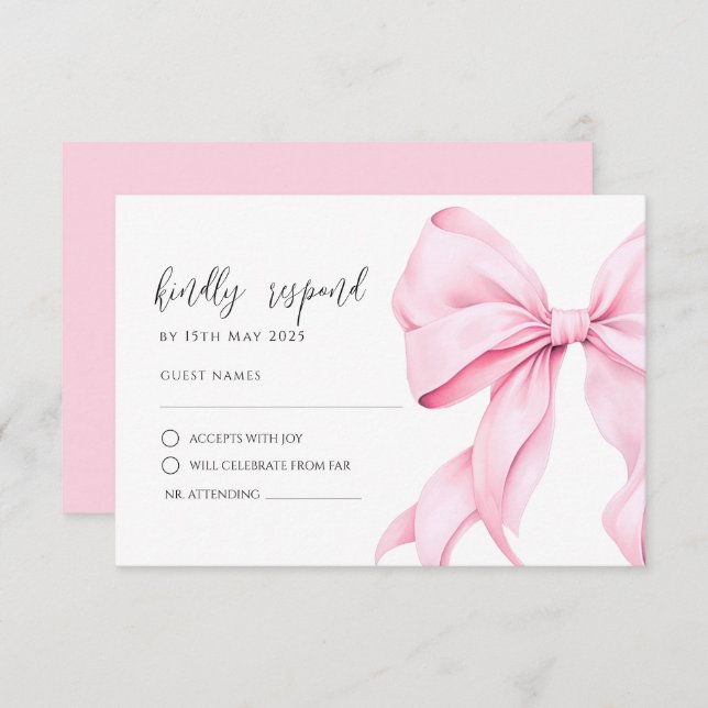 Tarjeta de respuesta RSVP de Bow Rosa Elegante (Anverso / Reverso)