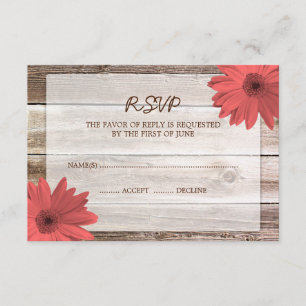 Tarjeta de respuesta RSVP de Coral Daisy Barn Wood