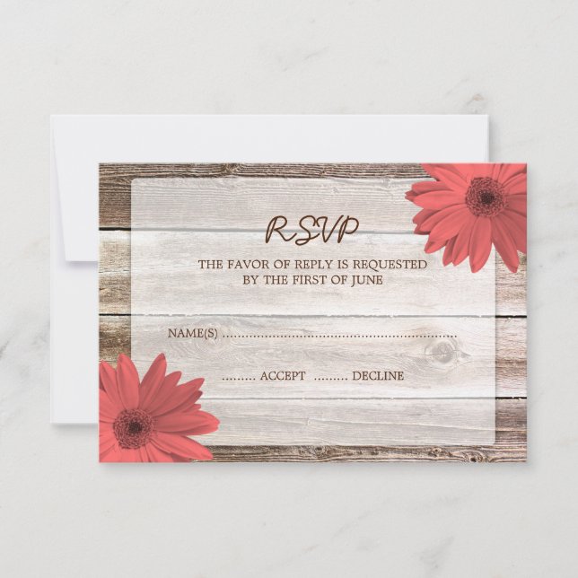 Tarjeta de respuesta RSVP de Coral Daisy Barn Wood (Anverso)