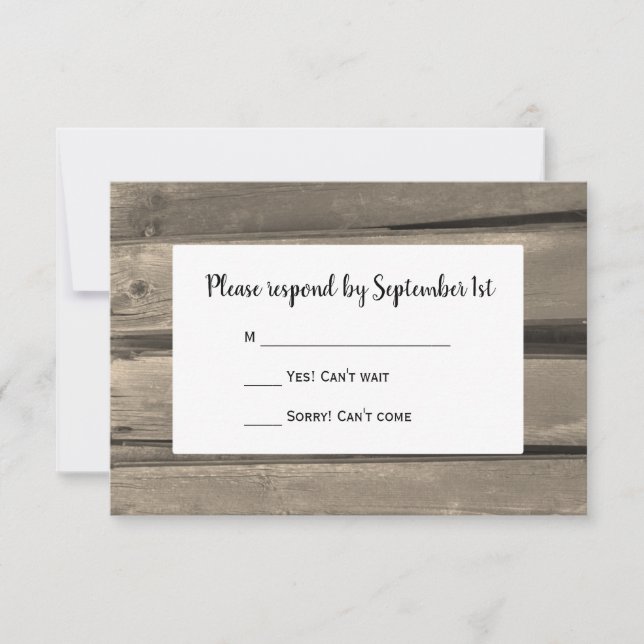 Tarjeta de respuesta RSVP de Country Barn Wood Wed (Anverso)