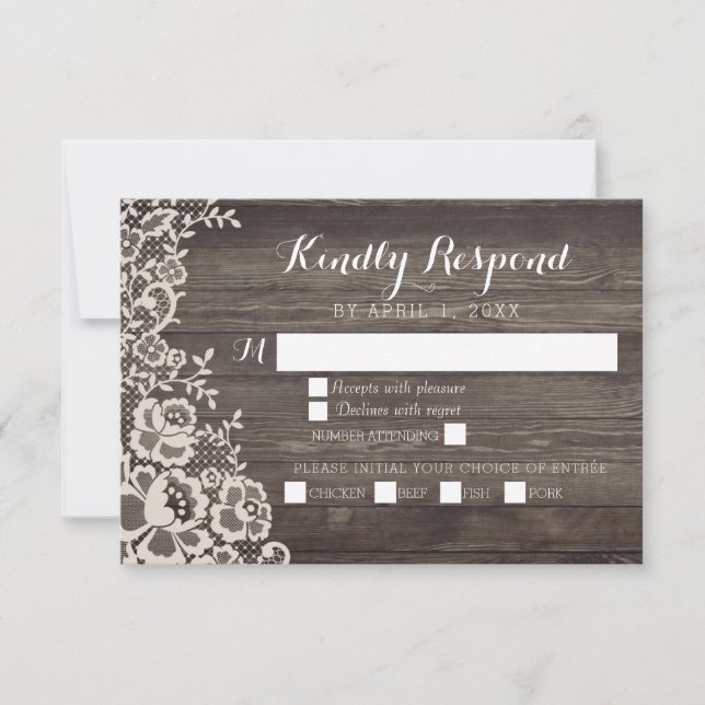 Tarjeta de respuesta RSVP de Country Lace Wood Wed (Anverso)