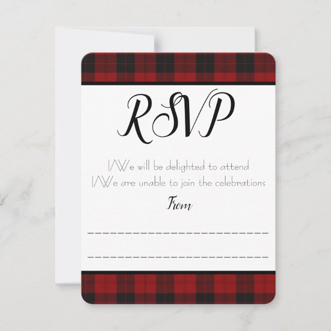 Tarjeta de respuesta RSVP de cuadros rojos y negro (Anverso)