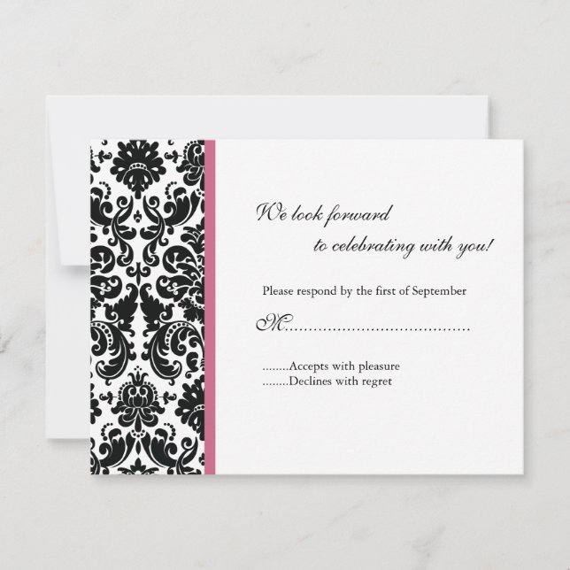 Tarjeta de respuesta RSVP de Damask negro (Anverso)