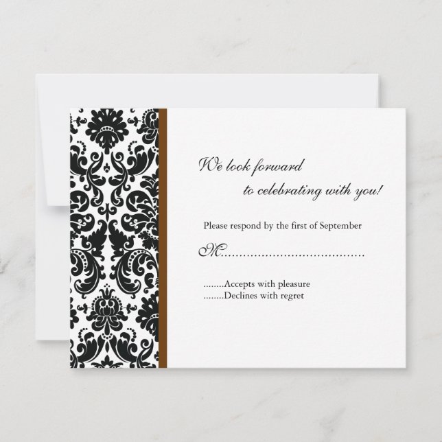 Tarjeta de respuesta RSVP de Damask negro (Anverso)