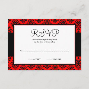 Tarjeta de respuesta RSVP de Damask rojo y negro