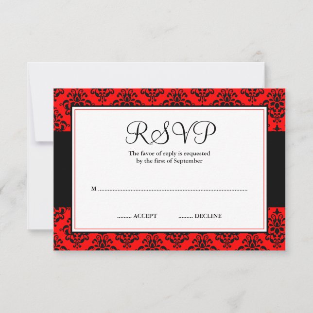 Tarjeta de respuesta RSVP de Damask rojo y negro (Anverso)