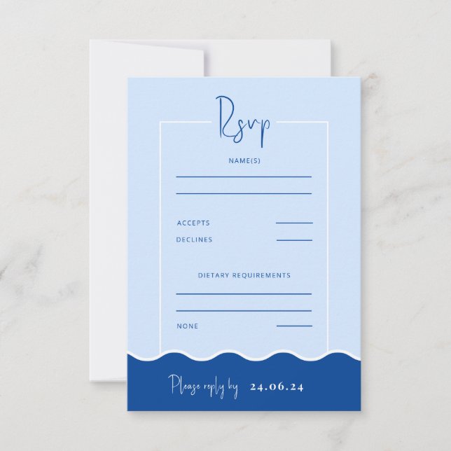 Tarjeta de respuesta RSVP de destino azul moderno  (Anverso)