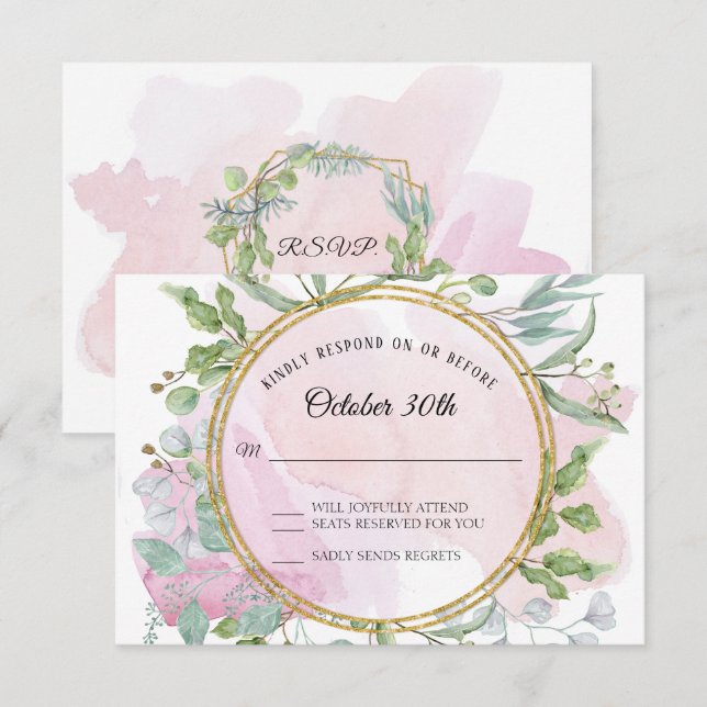 Tarjeta de respuesta RSVP de Eucalyptus Gold Wreat (Anverso / Reverso)