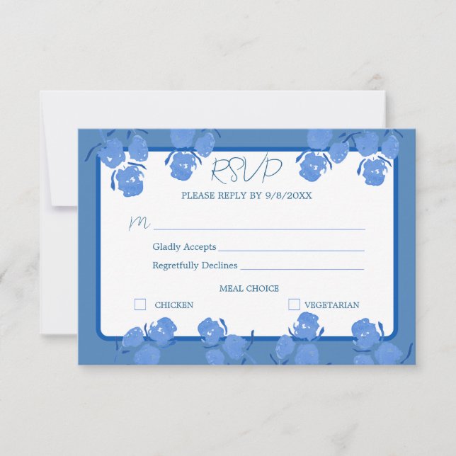 Tarjeta de respuesta RSVP de Floral Azul Dusty Rom (Anverso)