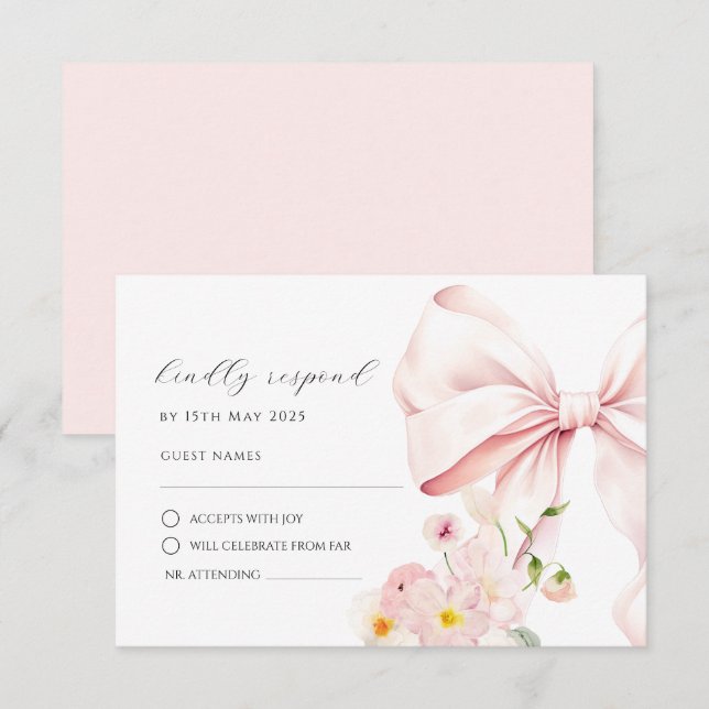 Tarjeta de respuesta RSVP de Floral Bloom rosa Bow (Anverso / Reverso)