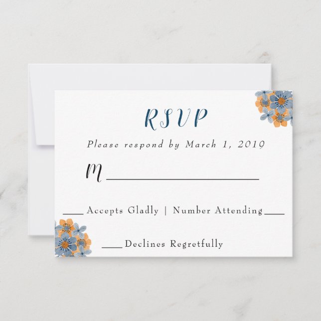 Tarjeta de respuesta RSVP de Flores azules y Naran (Anverso)