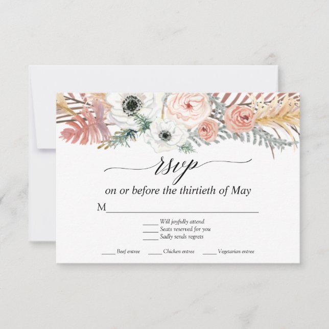 Tarjeta de respuesta RSVP de flores blancas Boho P (Anverso)