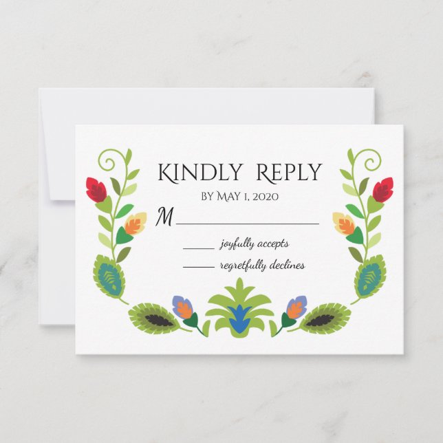 Tarjeta de respuesta RSVP de flores folclóricas po (Anverso)