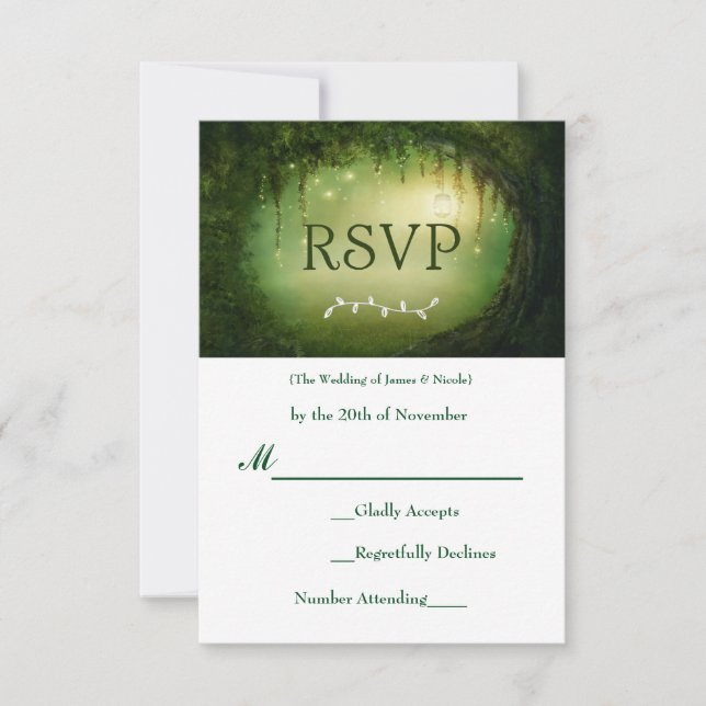 Tarjeta de respuesta RSVP de la boda verde foresta (Anverso)