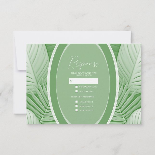 Tarjeta de respuesta RSVP de la boda verde tropica (Reverso)