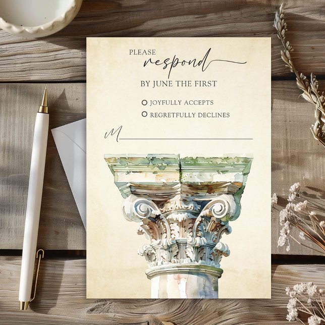Tarjeta de respuesta RSVP de la columna griega de  (Watercolor Greek Column Wedding RSVP Response Card)