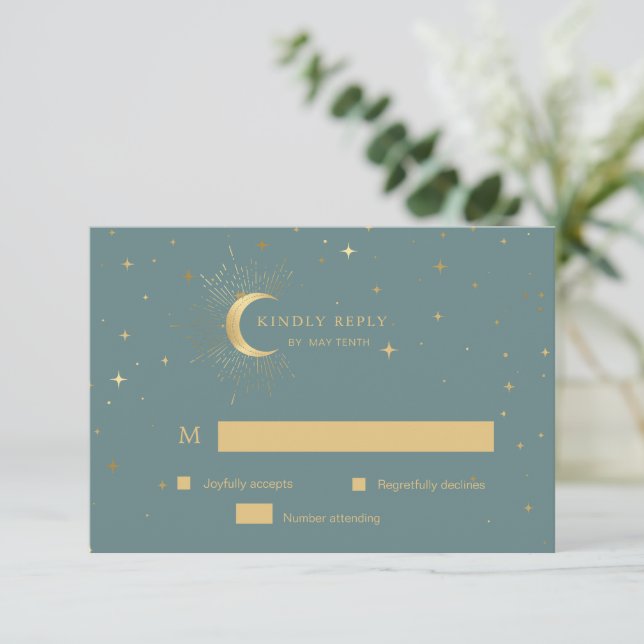 Tarjeta de respuesta RSVP de la Luna de Oro Celest (Anverso de pie)