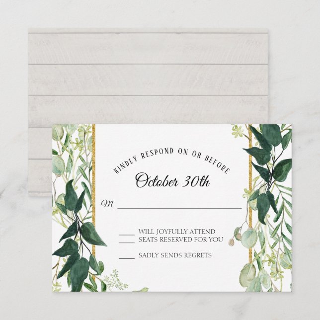 Tarjeta de respuesta RSVP de madera gris y follaje (Anverso / Reverso)