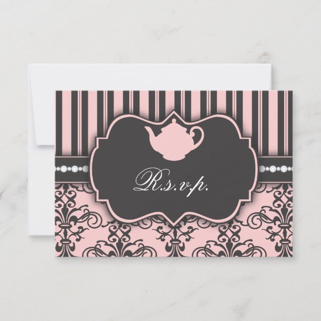 Tarjeta de respuesta RSVP de moda Damask & Stripe  (Anverso)