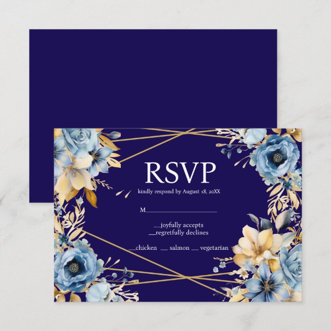 Tarjeta de respuesta RSVP de Navy Blue and Gold Me (Anverso / Reverso)