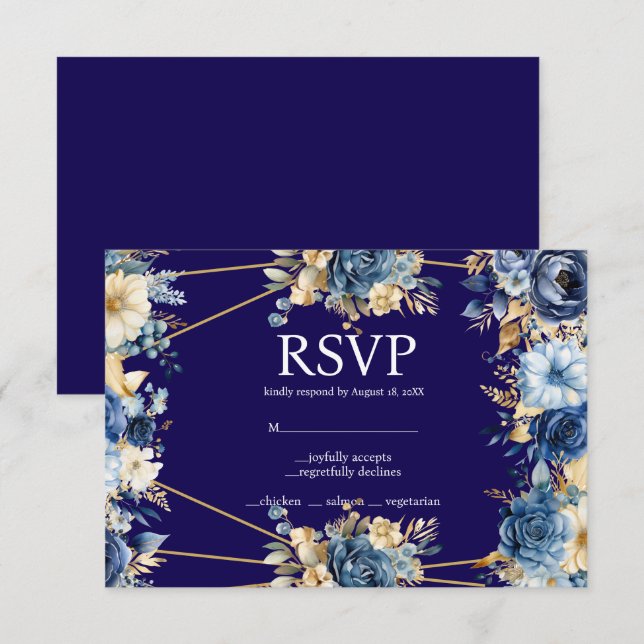 Tarjeta de respuesta RSVP de Navy Blue and Gold Me (Anverso / Reverso)