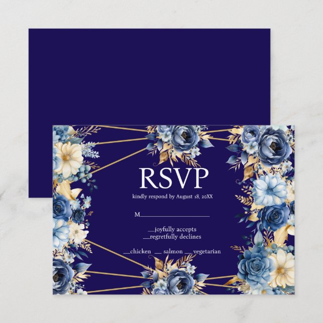 Tarjeta de respuesta RSVP de Navy Blue and Gold Me (Anverso / Reverso)