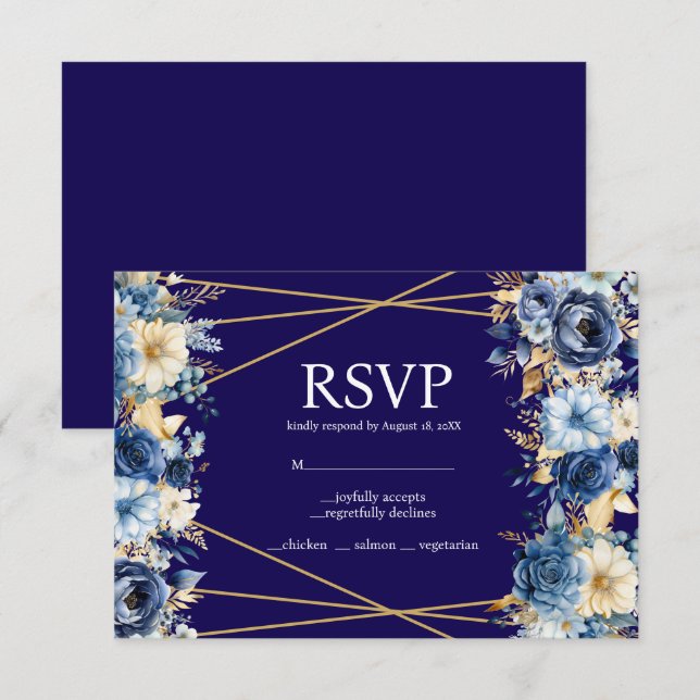 Tarjeta de respuesta RSVP de Navy Blue and Gold Me (Anverso / Reverso)