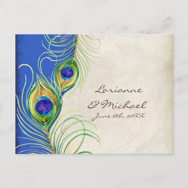 Tarjeta de respuesta RSVP de Peacock Feathers Roya (Anverso)
