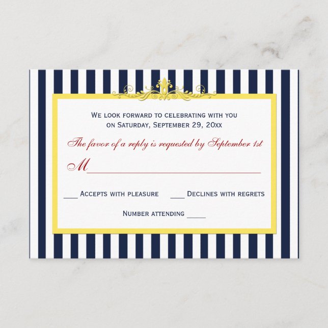 Tarjeta de respuesta RSVP de pergamino a rayas roj (Anverso)