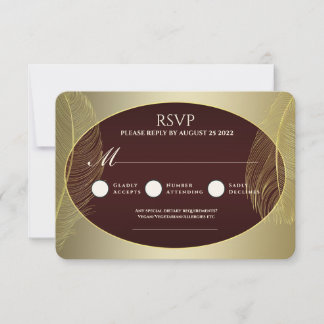 Tarjeta de respuesta RSVP de pluma ovalada de oro 