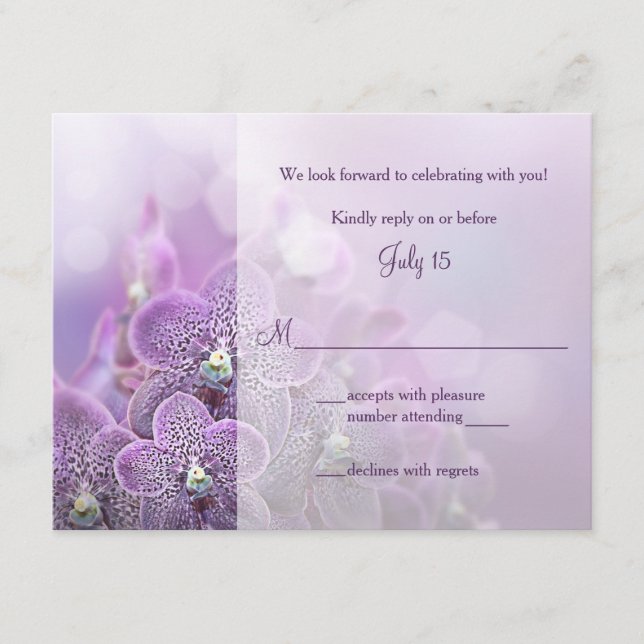 Tarjeta de respuesta RSVP de Purple Orchid Wedding (Anverso)