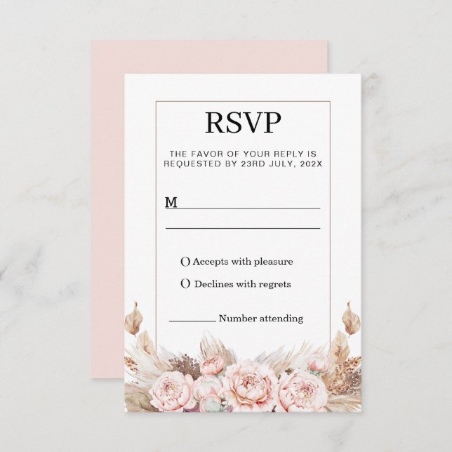 Tarjeta de respuesta RSVP de Rubor Peonies Pampas  (Anverso / Reverso)