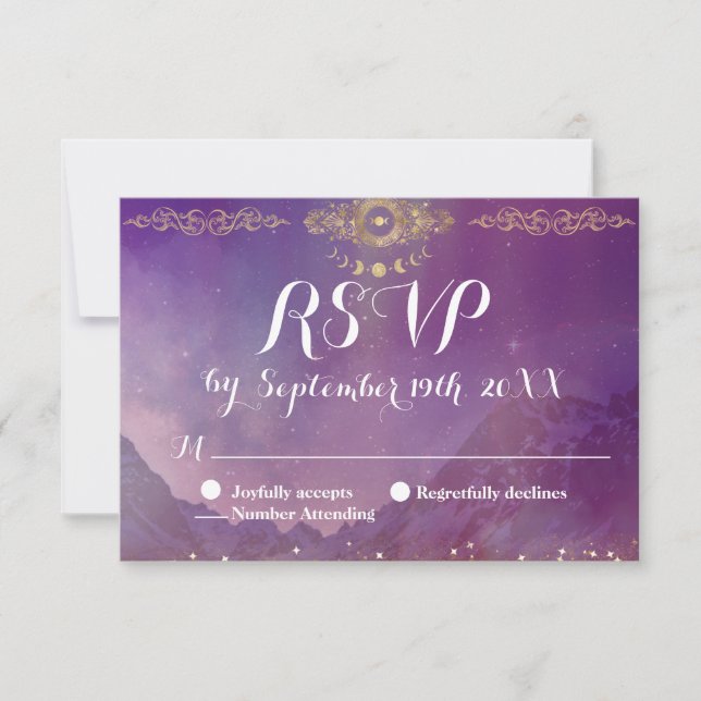Tarjeta de respuesta RSVP de Violet Sky Gold Moon (Anverso)