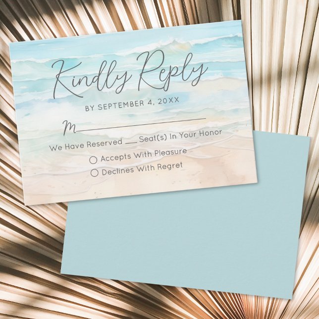 Tarjeta de respuesta RSVP de Watercolor Beach Wedd (Watercolor Beach Wedding RSVP Reply Card)