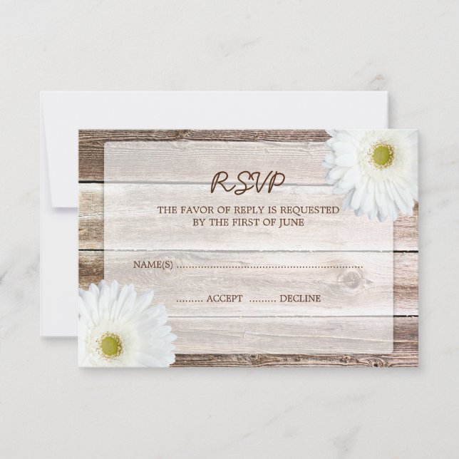 Tarjeta de respuesta RSVP de White Daisy Barn Wood (Anverso)