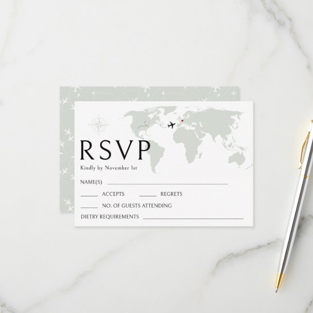 Tarjeta de respuesta RSVP del mapa mundial de boda (Anverso/Reverso In Situ)