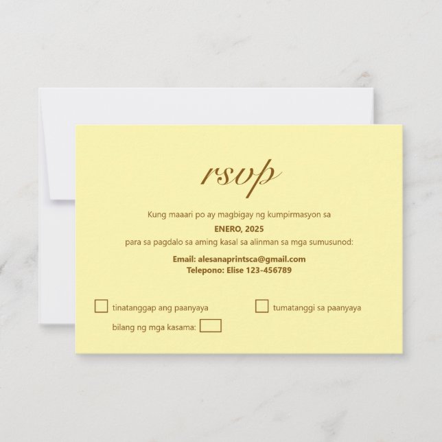 Tarjeta de respuesta RSVP en tagalo Boda filipina  (Anverso)