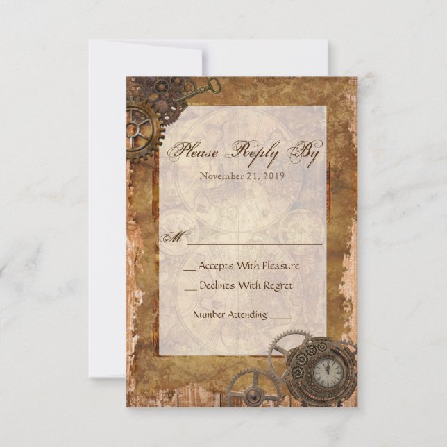 Tarjeta de respuesta RSVP Estilo steampunk industr (Anverso)