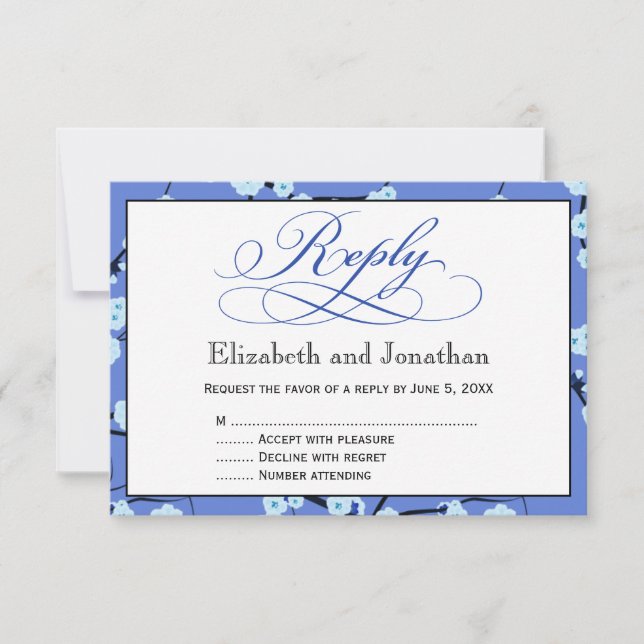 Tarjeta de respuesta RSVP floral azul pervinca (Anverso)