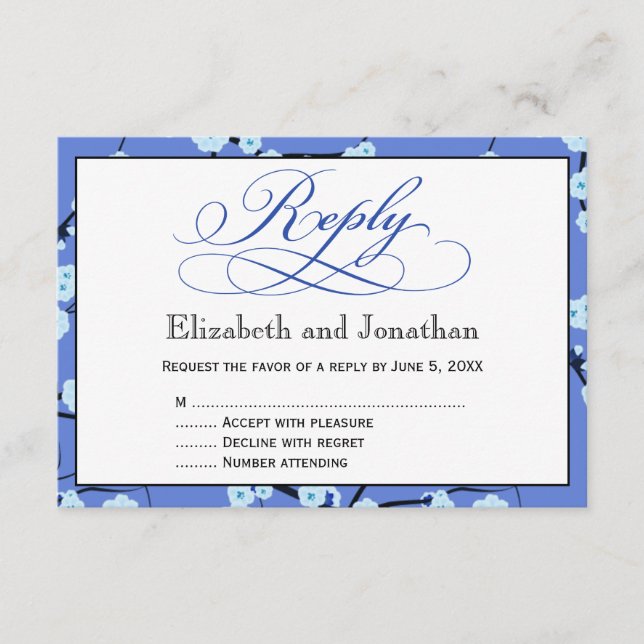Tarjeta de respuesta RSVP floral azul pervinca (Anverso)