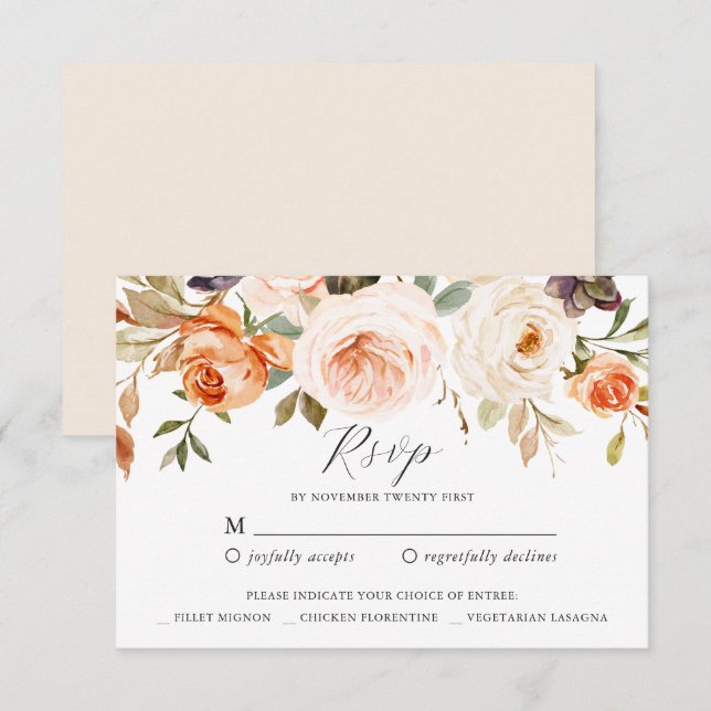 Tarjeta de respuesta RSVP floral de Naranja otoño (Anverso / Reverso)