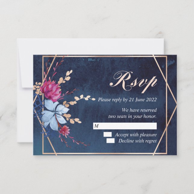 Tarjeta de respuesta RSVP floral de Navy Blue Chal (Anverso)
