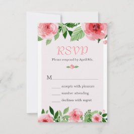Tarjeta de respuesta RSVP floral de rosa a la acua