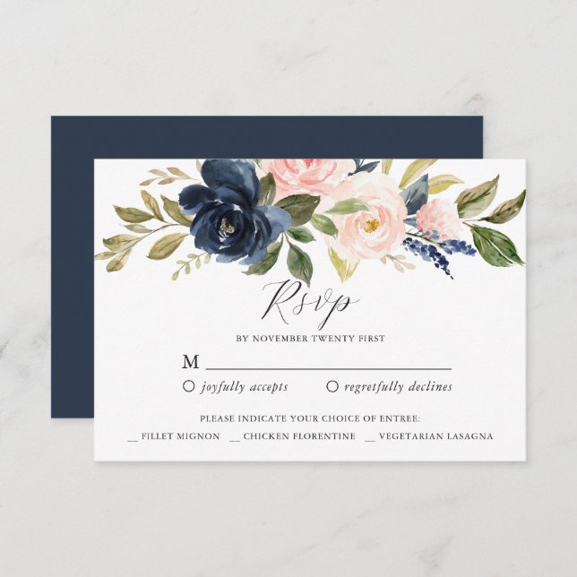 Tarjeta de respuesta RSVP floral de Rubor de Navy (Anverso / Reverso)
