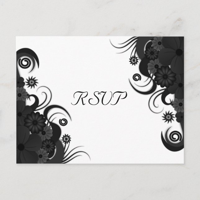 Tarjeta de respuesta RSVP floral en blanco y negro (Anverso)