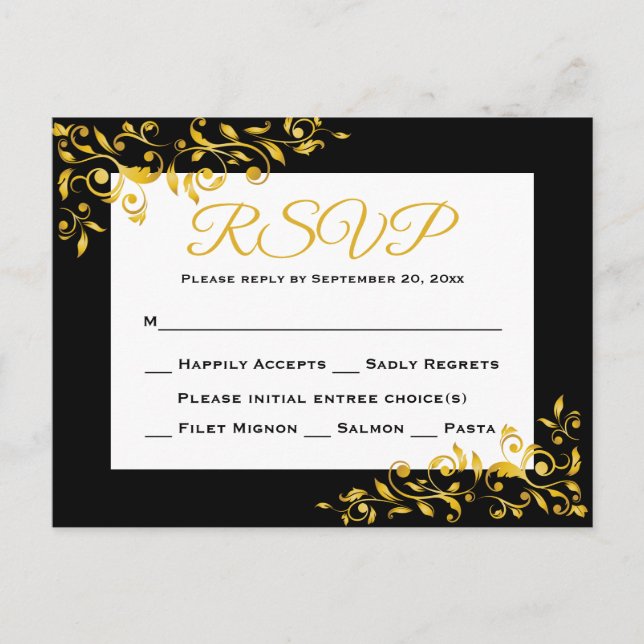 Tarjeta De Respuesta RSVP Gold Y Black Floral Swir (Anverso)
