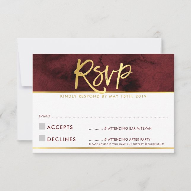 TARJETA DE RESPUESTA RSVP guión de oro rojo modern (Anverso)