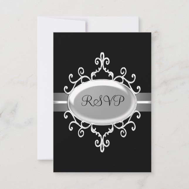 Tarjeta de respuesta RSVP joya negra plateada (Anverso)
