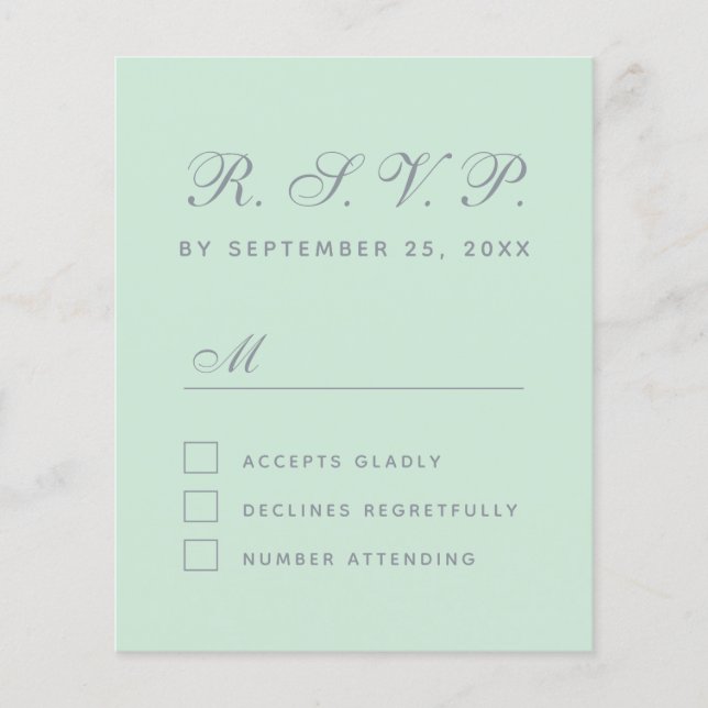 Tarjeta de respuesta RSVP Mint Green Gray Script (Anverso)