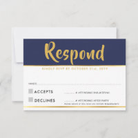 Tarjeta de respuesta RSVP moderna azul marino dora